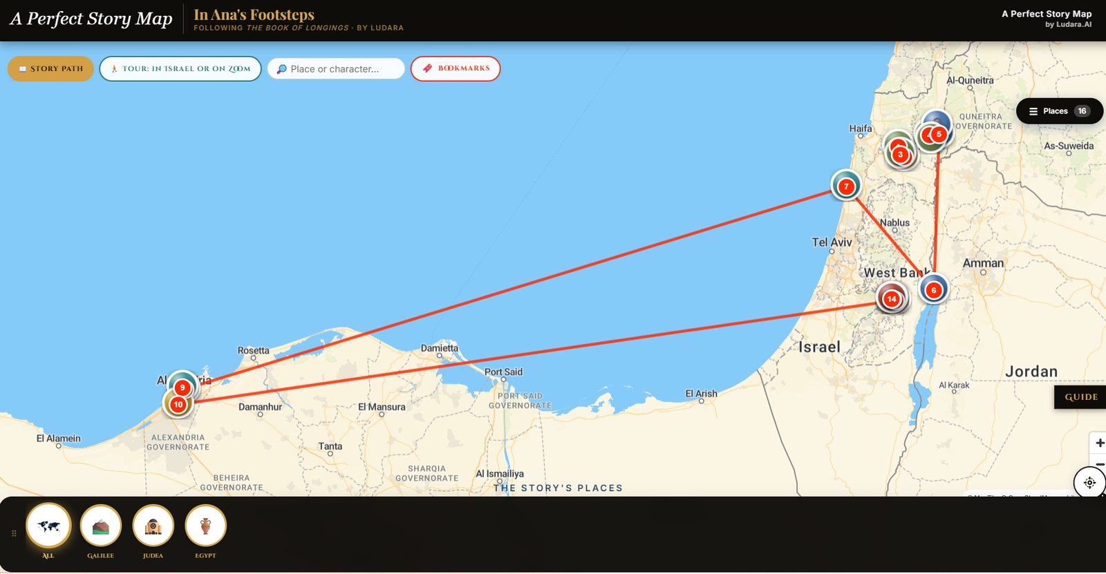 The free interactive story map of In Ana's Footsteps, showing the places of The Book of Longings across the Galilee, Judea and Egypt
