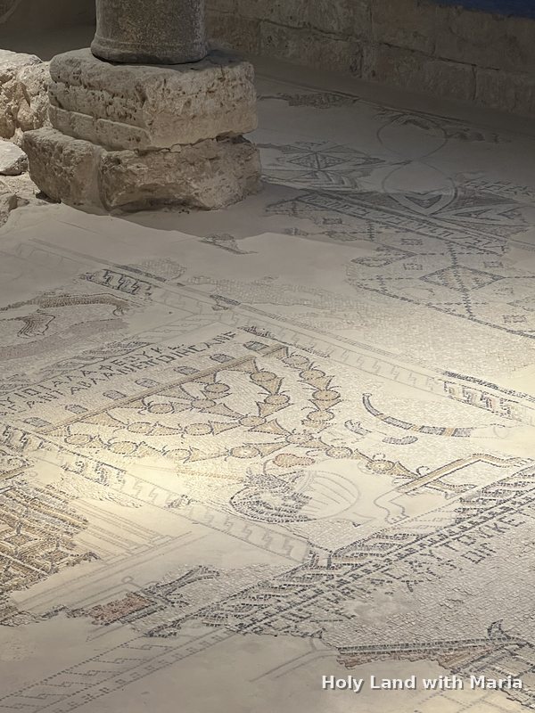 Greek inscriptions and fruit garlands on the mosaic floor at Sepphoris (Tzippori)