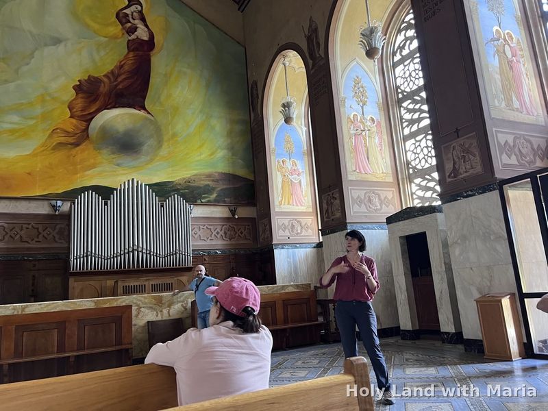 Wall painting and organ inside a church in Ein Karem