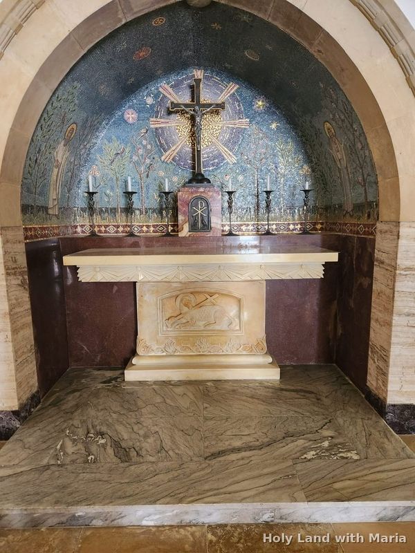 Mosaic altar and crucifix in a chapel at Ein Karem