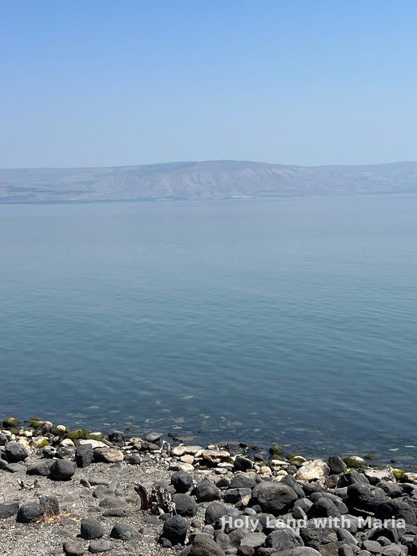The black basalt shore of the Sea of Galilee