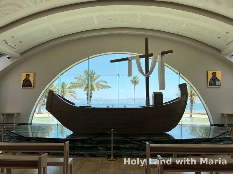 A chapel with a boat-shaped altar looking out over the Sea of Galilee