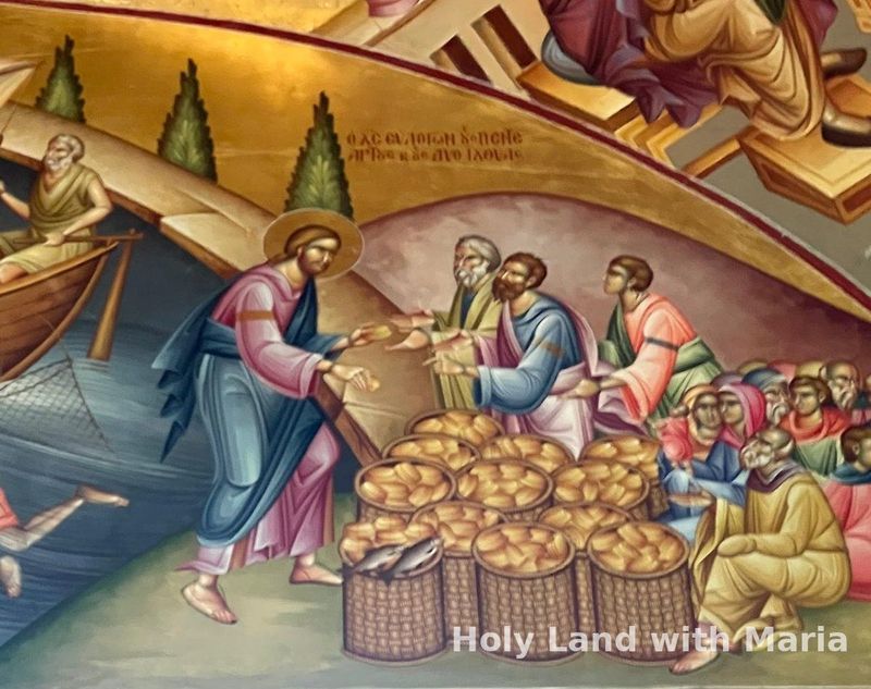 Fresco of the miracle of the loaves and fishes by the Sea of Galilee