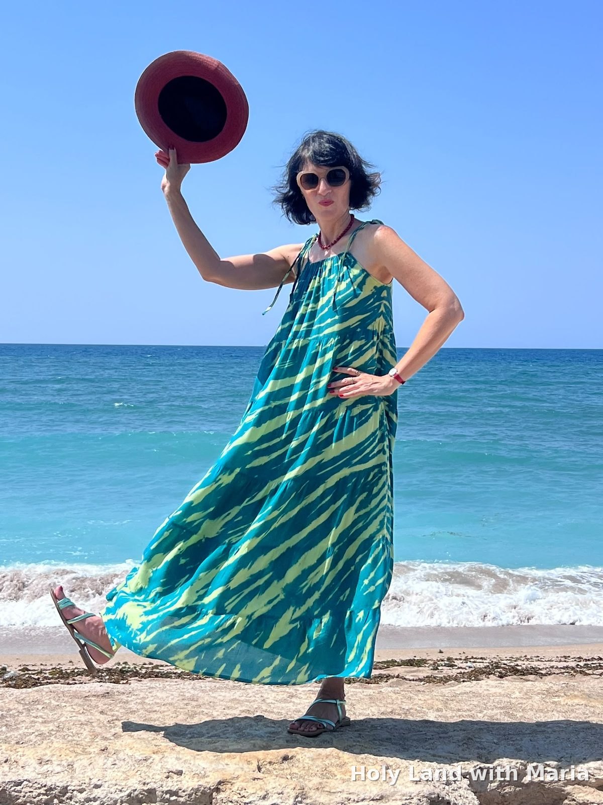 Maria Lando by the turquoise Mediterranean at Bat Galim, Haifa
