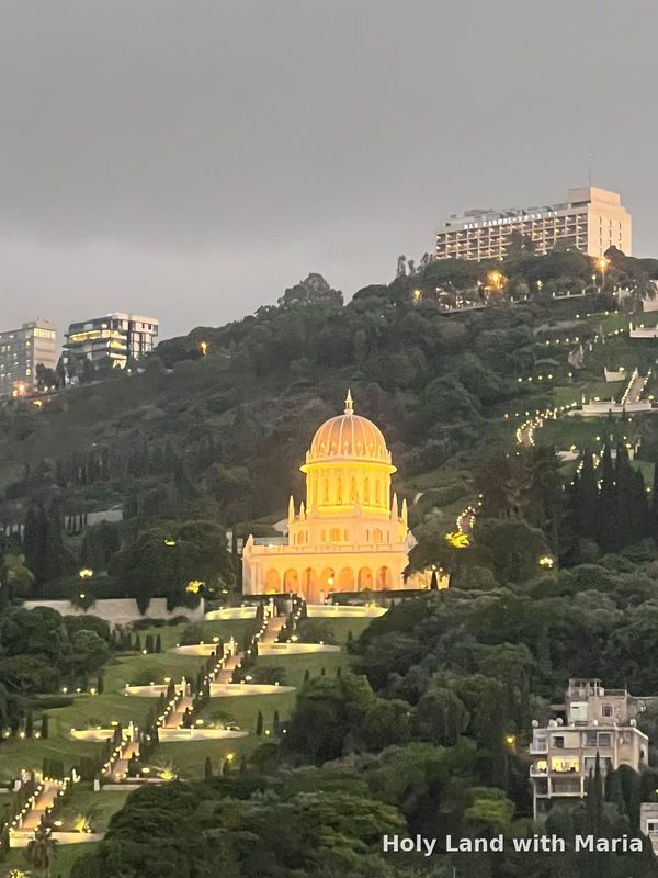 The Shrine of the Báb and the Bahá'í Gardens lit up at night on Mount Carmel, Haifa