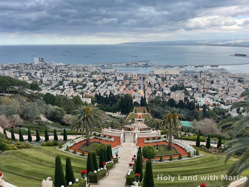 Bahá'í Gardens terraces and Haifa Bay seen from Mount Carmel