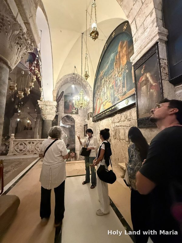 Maria Lando talking about Mary Magdalene in the Church of the Holy Sepulchre, Jerusalem