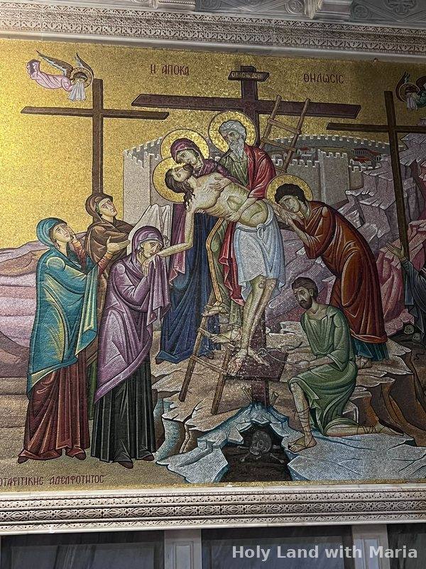 Golden mosaic of the women mourning at the Deposition, above the Stone of Anointing in the Church of the Holy Sepulchre, Jerusalem
