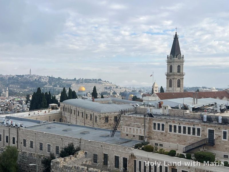 The Dome of the Rock and the Mount of Olives seen from the ramparts walk on the Old City walls, Jerusalem