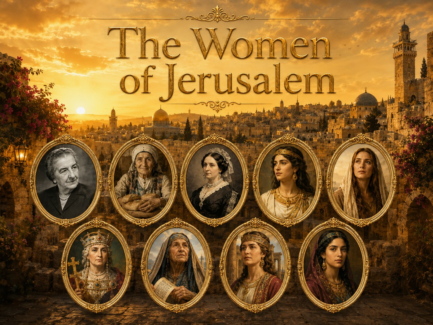 The Women of Jerusalem tour: Golda Meir, Judith Montefiore, Bubba Kreshe Berman, Mariamne the Hasmonean, Mary Magdalene, Helena, Berenice, Shlomtzion the Queen, Esther Cailingold, Huldah the Prophetess and Franziska Baruch